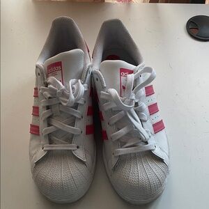 Adidas White Sneakers with Pink Stripes